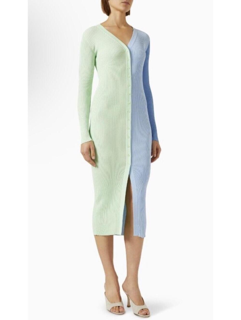 New Staud Color Block Shoko Sweater Knit Dress In Matcha and Sherbert Sz L